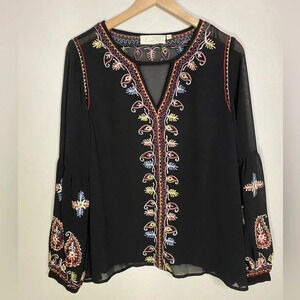 Love Sam Embroidered Peasant Top Black Sheer M boho feminine 70s Anthropology